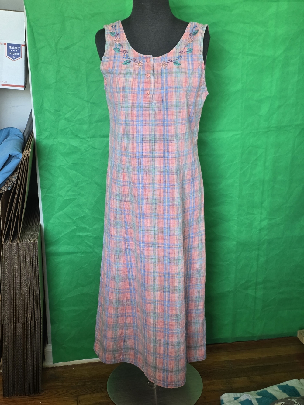 Natural Expressions Pink Plaid 100% Cotton Sleeveless Dress w/ Embroidery Sz M